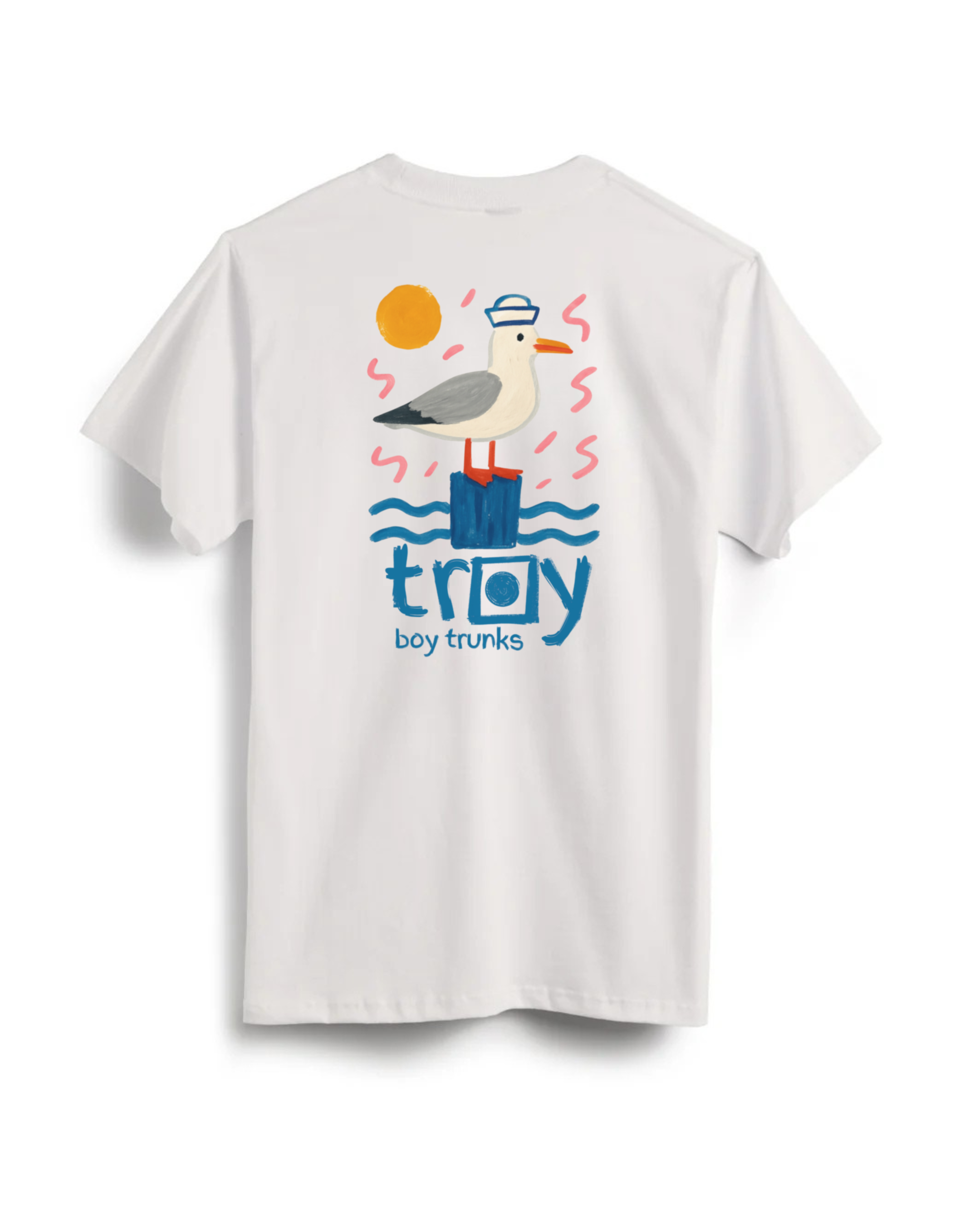 White t-shirt with a seagull graphic and 'troy boy trunks' text on a white background