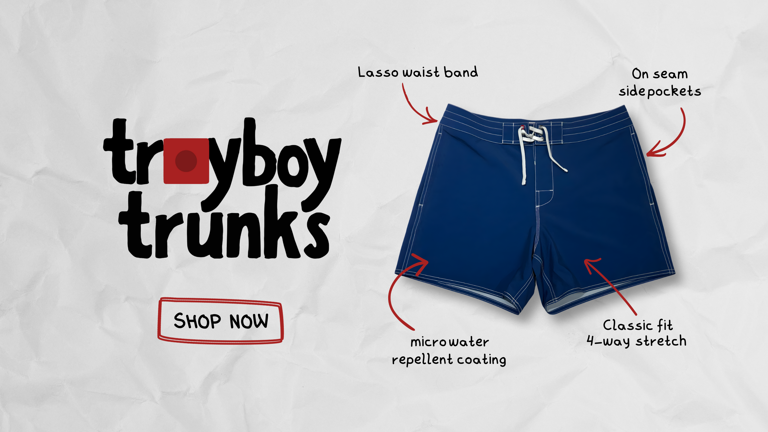 Advertisement for 'troyst boy trunks' with features highlighted on a white background.